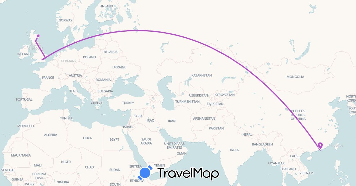 TravelMap itinerary: train in United Kingdom, Hong Kong (Asia, Europe)